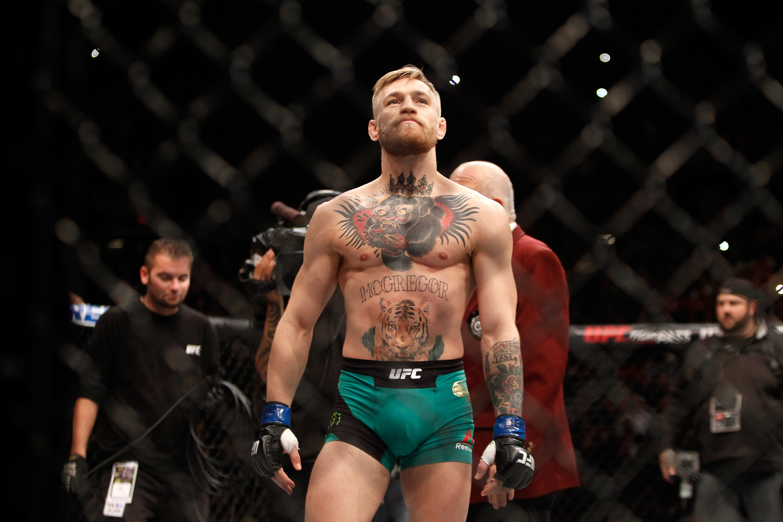 LAS VEGAS, NV - DECEMBER 12: Conor McGregor enters the Octagon for his featherweight title fight against Jose Aldo during UFC 194 at MGM Grand Garden Arena on December 12, 2015 in Las Vegas, Nevada. (Photo by Steve Marcus/Getty Images)