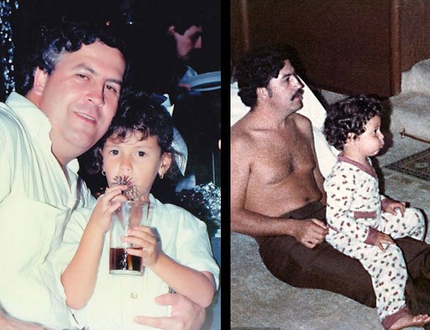 Pablo Escobar con Manuela (izq.) y con Sebastian (der.). (Twitter)