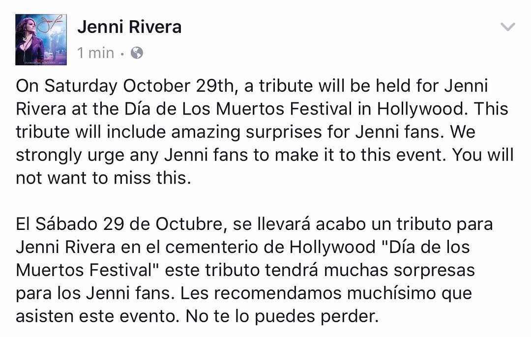 La invitacion posteada en la cuenta de Instagram Jenni Rivera. (Instagram)