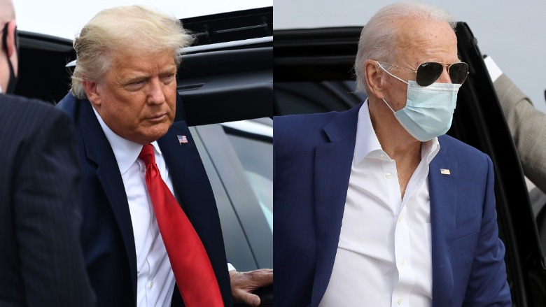 Los candidatos presidenciales Donald Trump y Joe Biden salen de sus respectivos vehículos mientras hacen campaña en Florida.