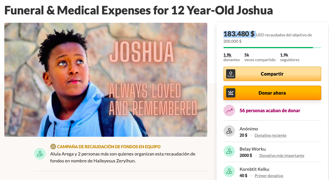 Gastos funerarios y médicos para Joshua de 12 años