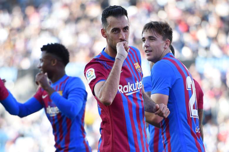 Sergio Busquets del FC Barcelona celebra tras anotar el segundo gol de su equipo durante el partido de La Liga Santander entre el RC Celta de Vigo y el FC Barcelona