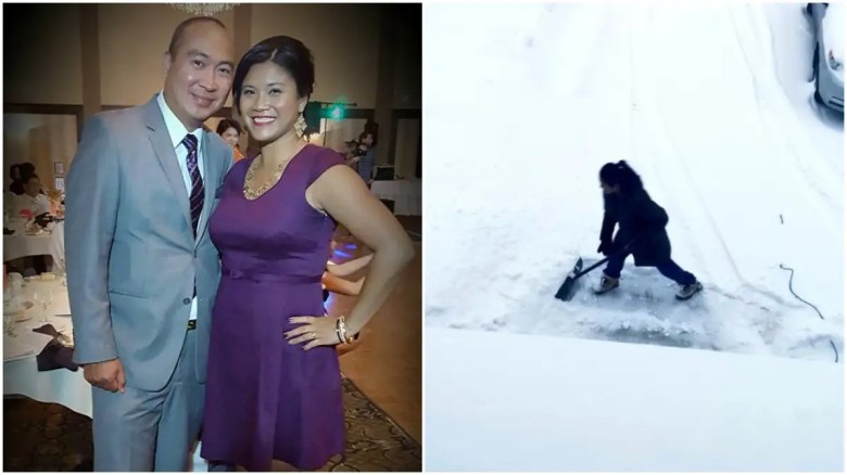 Foto de Jon Reyes y su esposa, Cynthia Reyes, y la esposa del político canadiense paleando nieve.