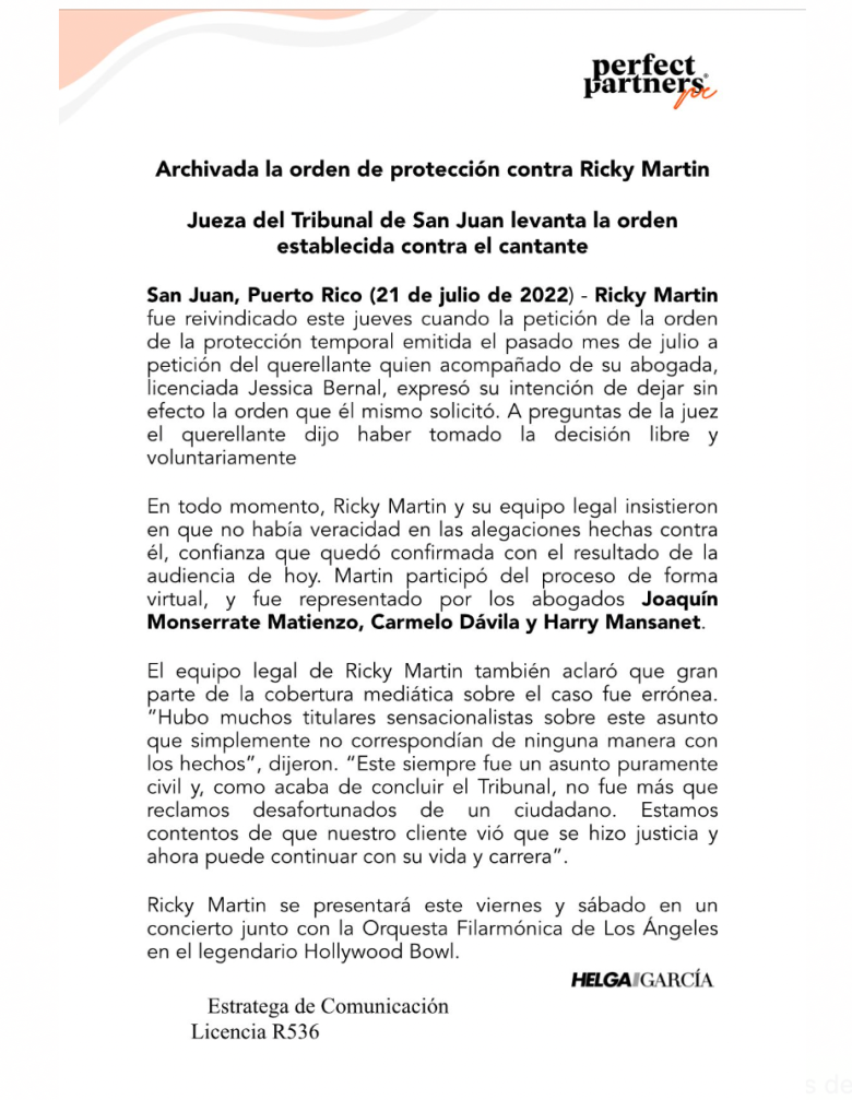 Comunicado abogados de Ricky Martin caso violencia doméstica