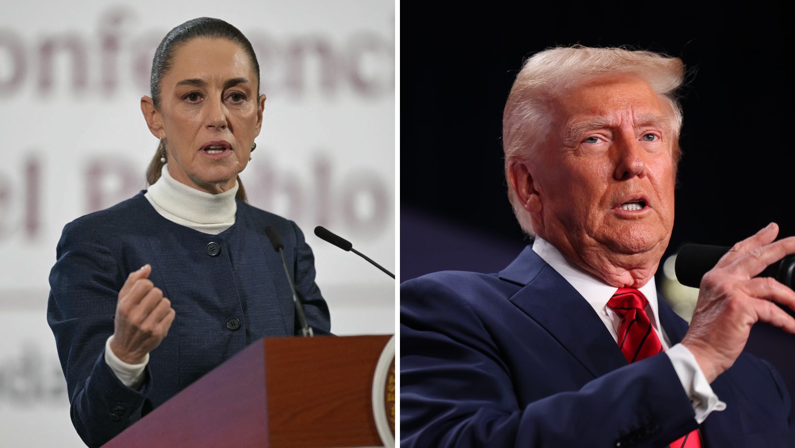 Donald Trump (der.) y  la presidenta Claudia Sheinbaum. 